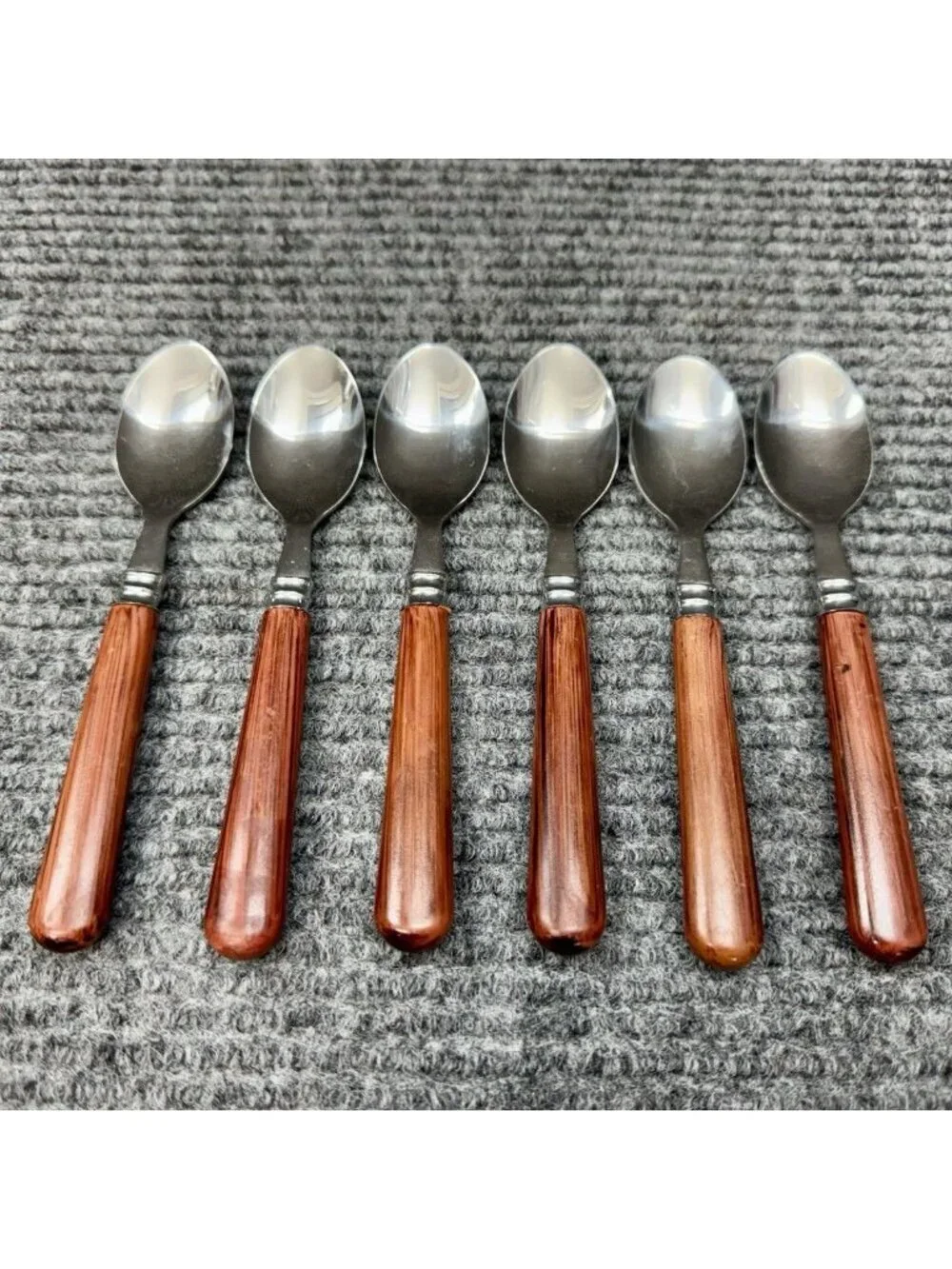 Faberware Silverware Lot Of 6 Spoons Teaspoon Faux Wood Brown Handle Vintage